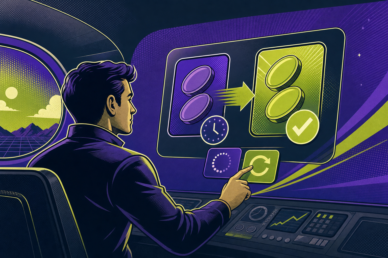 Person troubleshooting a pending crypto swap with transaction status on screen