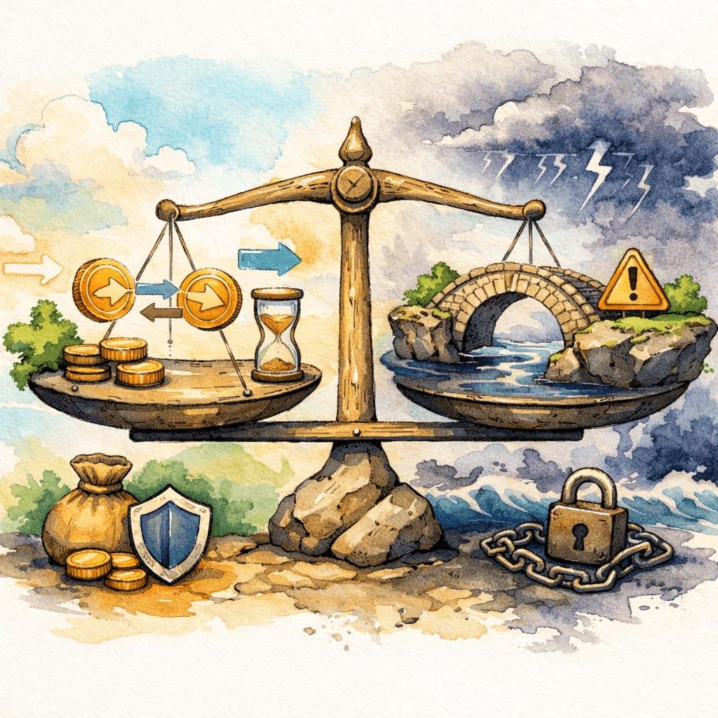Illustration comparant un bridge crypto et un itinéraire de swap cross-chain instantané - la comparaison en un coup d'œil