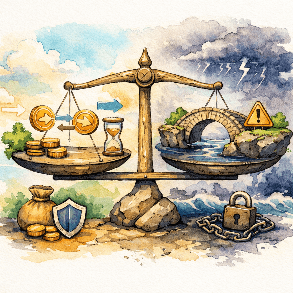 Illustration comparing a crypto bridge and a direct cross-chain swap route - the comparison at a glance