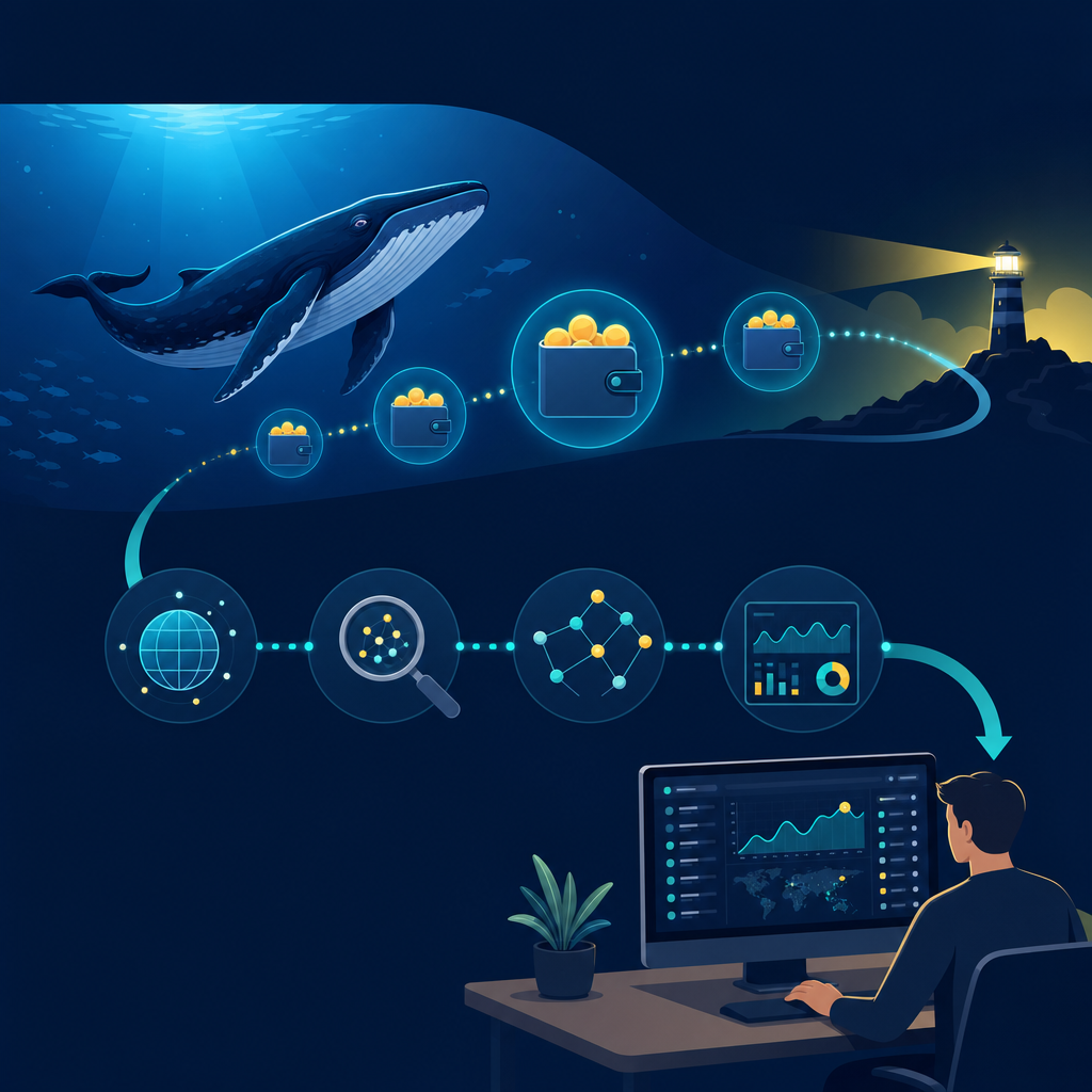 On-chain chart showing large crypto whale transfers moving between wallets and exchanges - public tools for tracking whales