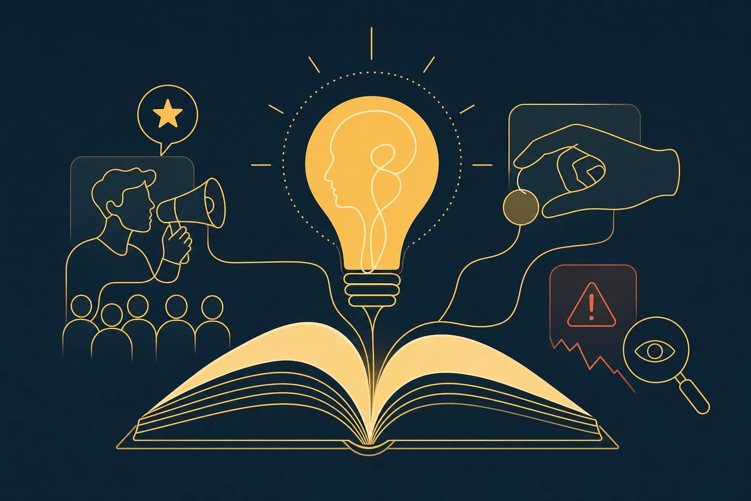 Illustrazione di un KOL crypto che promuove un token con disclosure e checklist dei segnali d’allarme