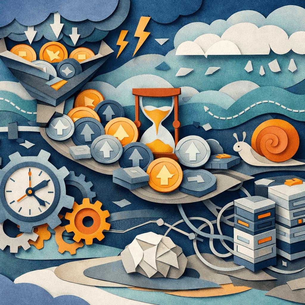Illustration d'une file d'attente de pool de mémoire blockchain avec des transactions cryptographiques en attente de confirmation - Bitcoin vs Ethereum vs Solana : ce que signifie vraiment « bloqué »