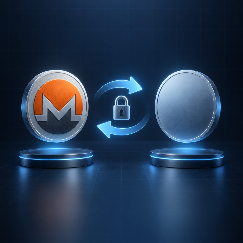 Two wallets labelled BTC and XMR connected by arrows and a clock, beside a provider-based swap diagram - How long does a Monero atomic swap take?
