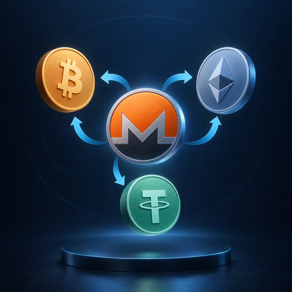 Monero swap routes connecting an XMR wallet with Bitcoin, Ethereum and USDT wallets - How to exchange Monero for BTC, ETH or USDT step by step