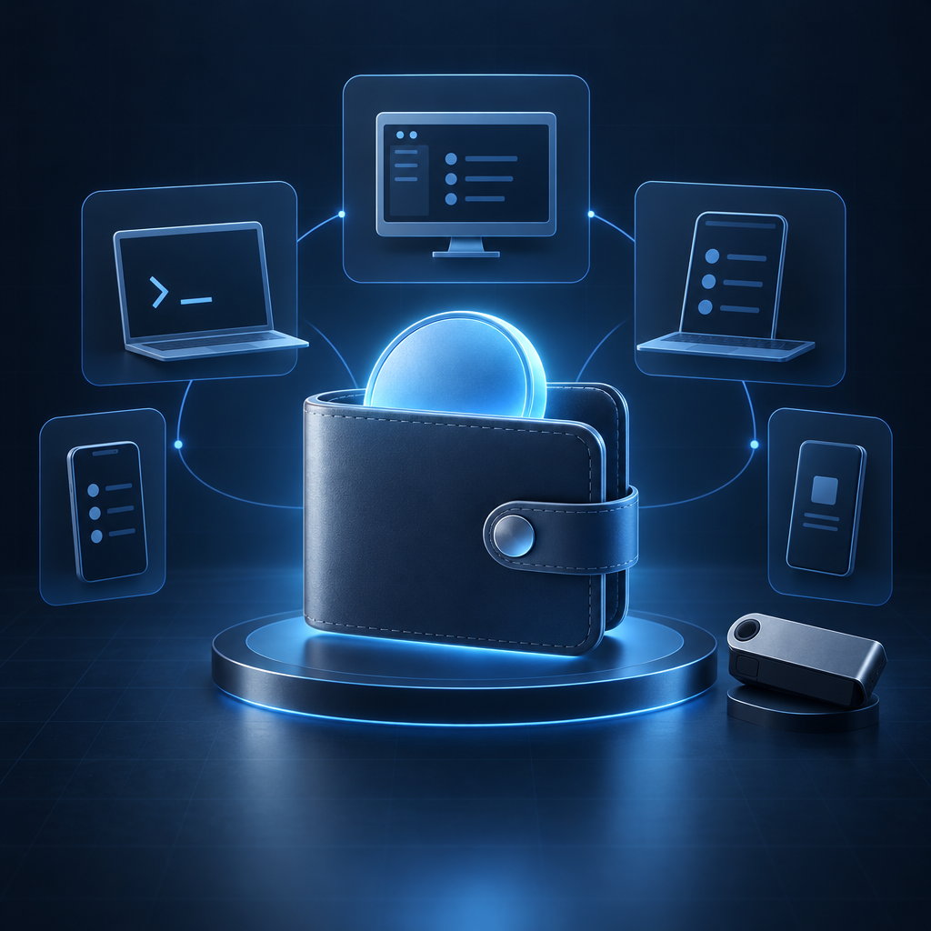 A desktop computer, smartphone and hardware wallet beside a Monero symbol - Which Monero wallet suits your setup?