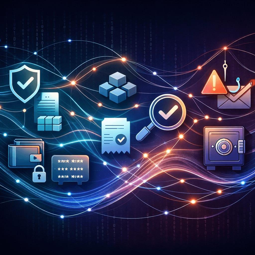 Utilisateur vérifiant une transaction d'échange de crypto terminée et sécurisant la phrase de récupération du portefeuille - Verrouillez-le : portefeuille, phrase de récupération et stockage