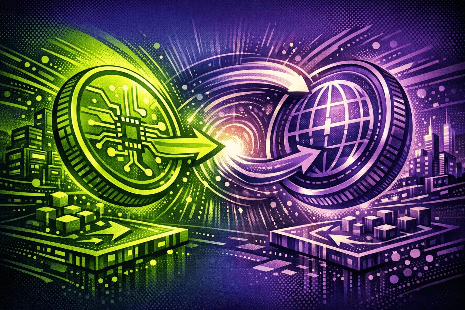 Illustration du déplacement des USDT entre les réseaux ERC20, TRC20, BEP20 et Solana sans KYC
