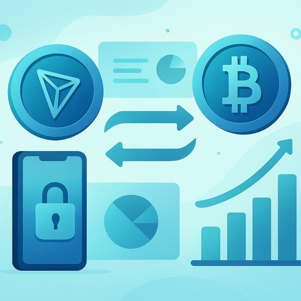 Illustration of TRX coin swapping into BTC with arrows, symbolizing a crypto exchange - TRX and BTC in plain English