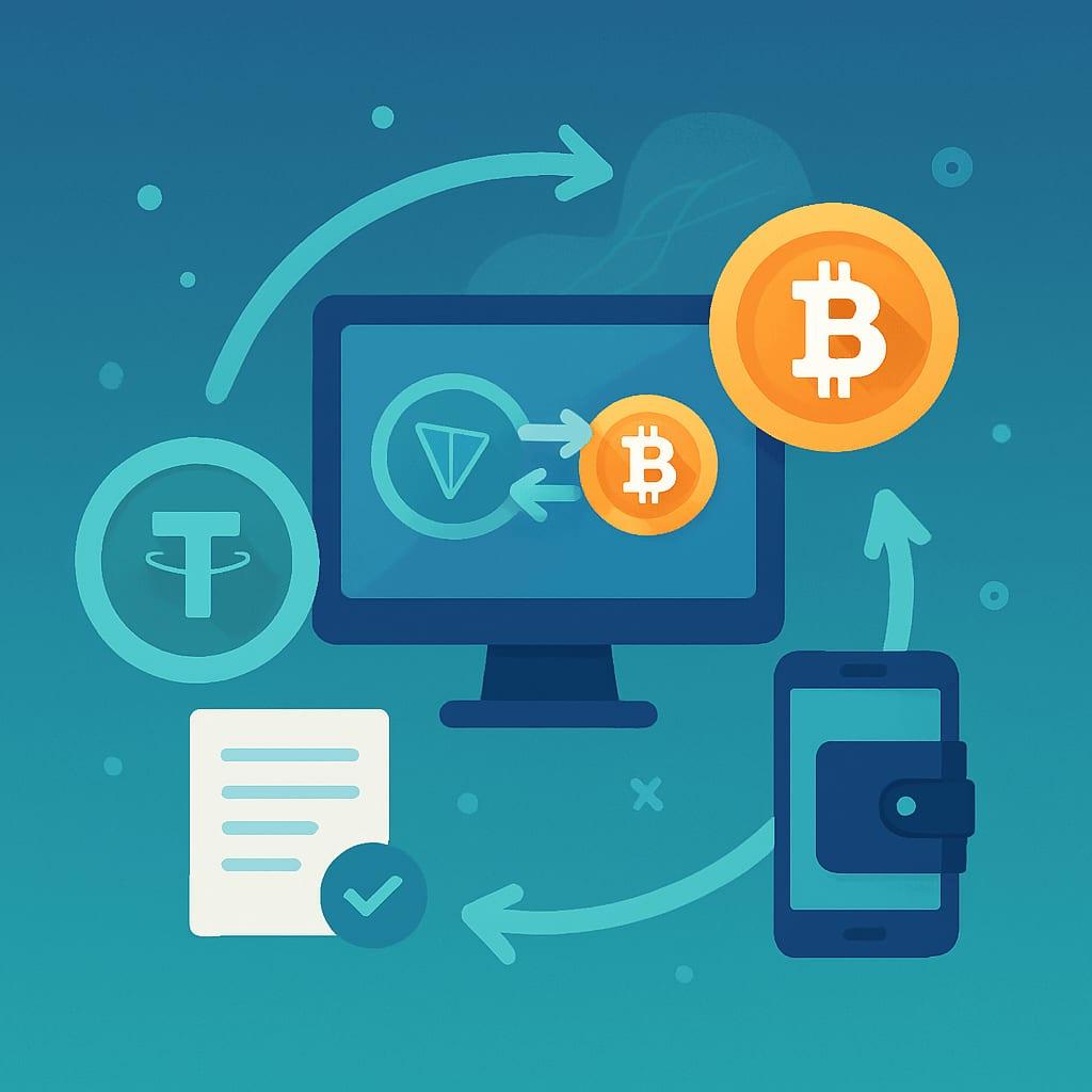 Illustration of TRX coin swapping into BTC with arrows, symbolizing a crypto exchange - how a TRX to BTC swap works