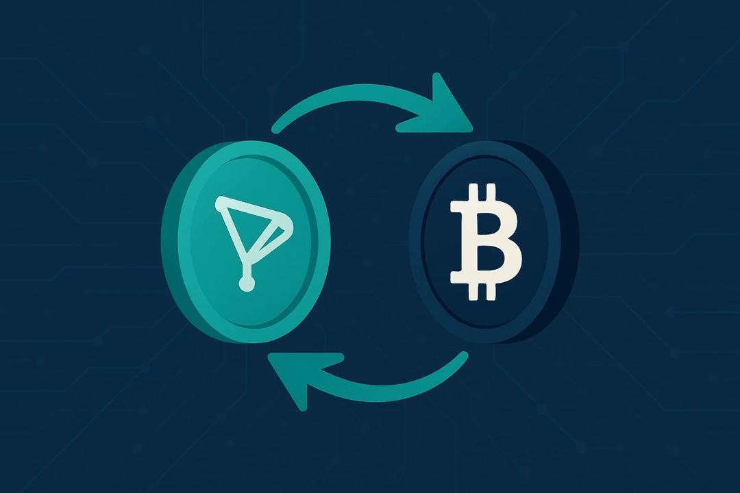 Illustration of TRX coin swapping into BTC with arrows, symbolizing a crypto exchange