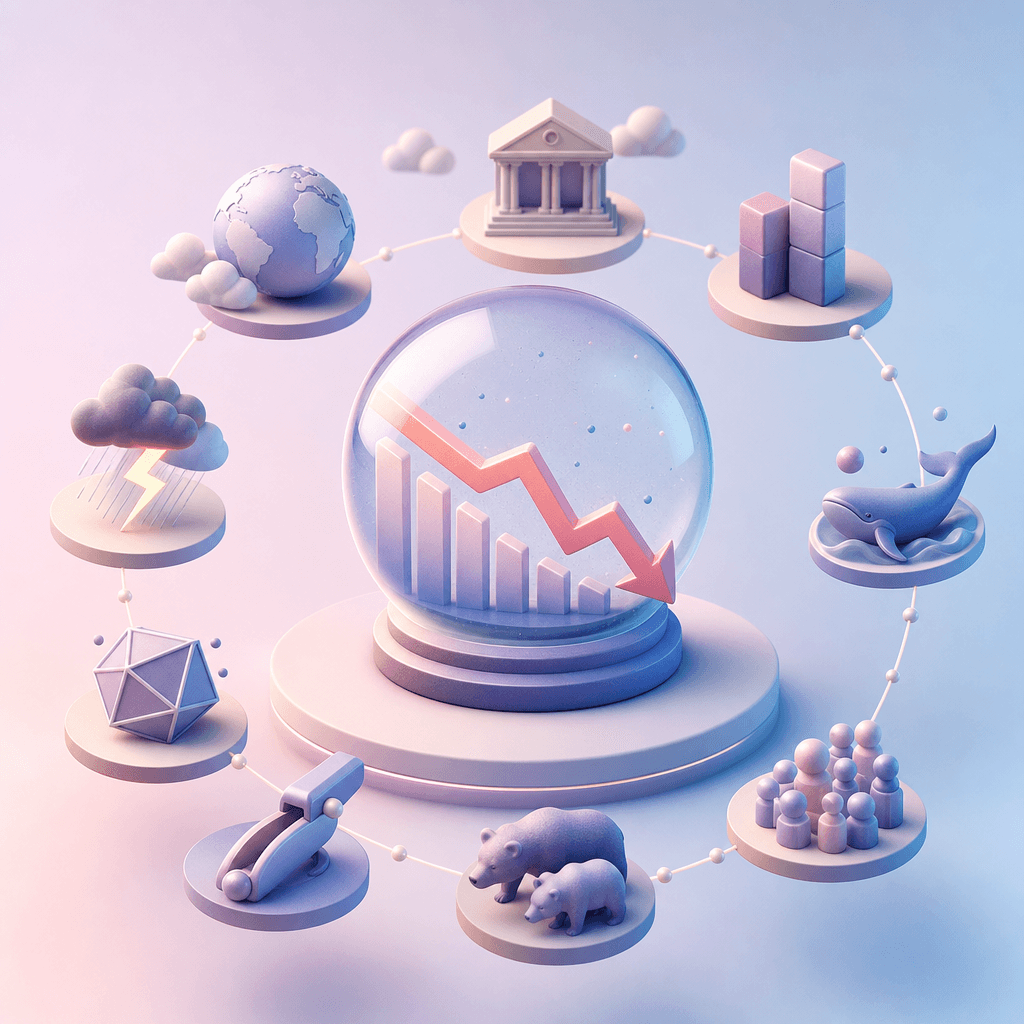 Crypto market chart falling with labels for macro, liquidations, regulation, and sentiment drivers - the psychology of a falling market