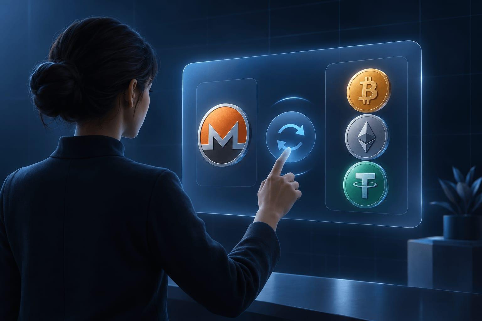 Monero swap routes connecting an XMR wallet with Bitcoin, Ethereum and USDT wallets