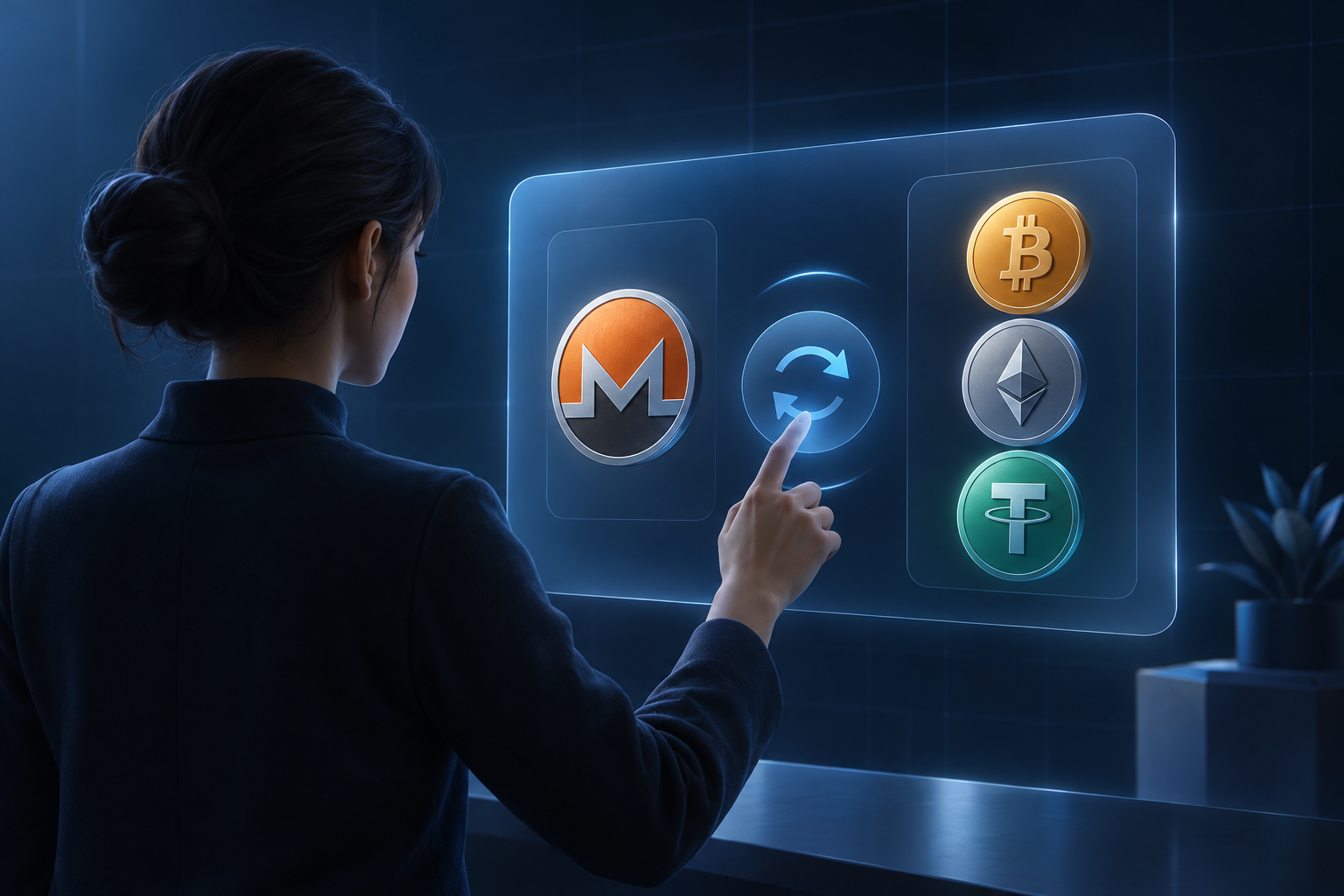 Monero swap routes connecting an XMR wallet with Bitcoin, Ethereum and USDT wallets