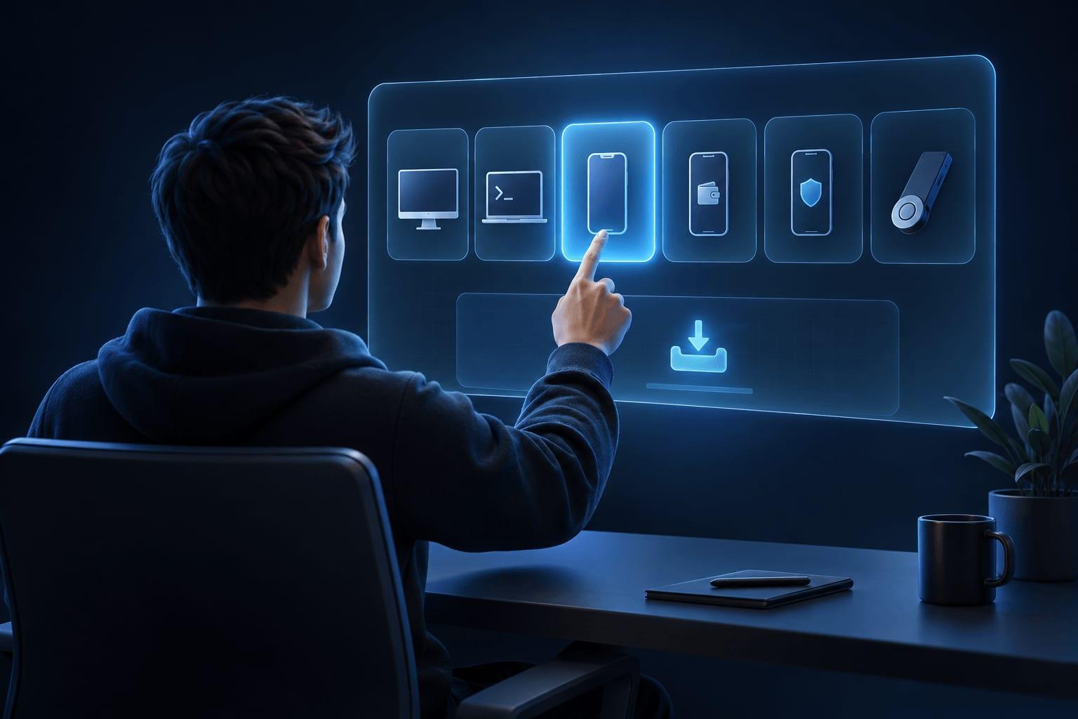 A desktop computer, smartphone and hardware wallet beside a Monero symbol