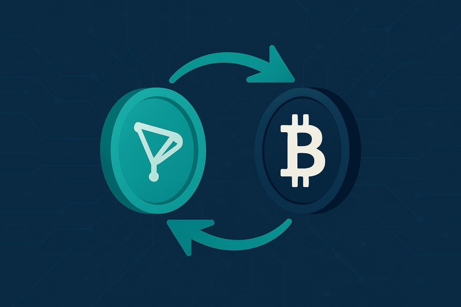 Illustration of TRX coin swapping into BTC with arrows, symbolizing a crypto exchange