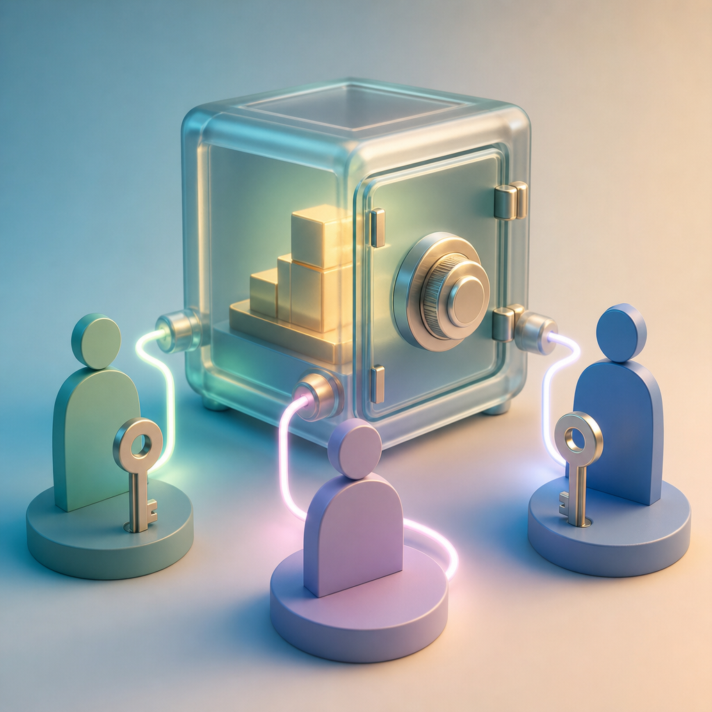 Illustration of a multisig wallet requiring multiple keys to authorize a crypto transaction - Popular multisig setups: 2-of-3, 3-of-5, and beyond