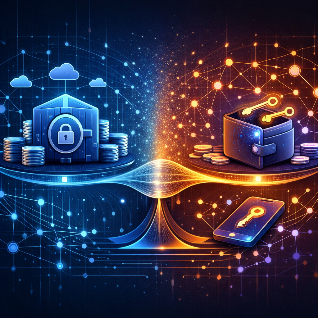Illustration comparing custodial and non-custodial crypto exchanges with keys and wallet icons - A quick comparison: CEX vs DEX vs Non-Custodial Instant Swap